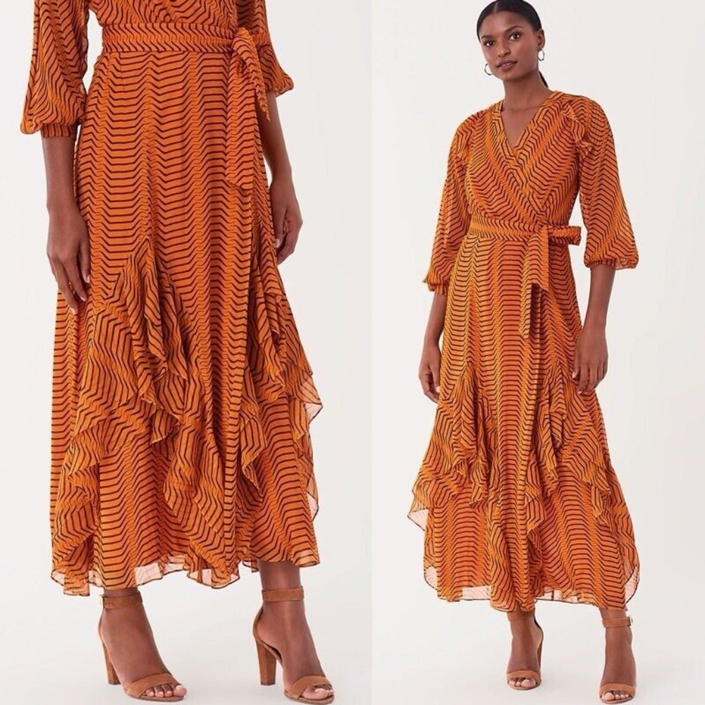 Diane von Furstenberg Mercy Silk Chiffon Ruffled Tiger Maxi Dress NWT Size XS